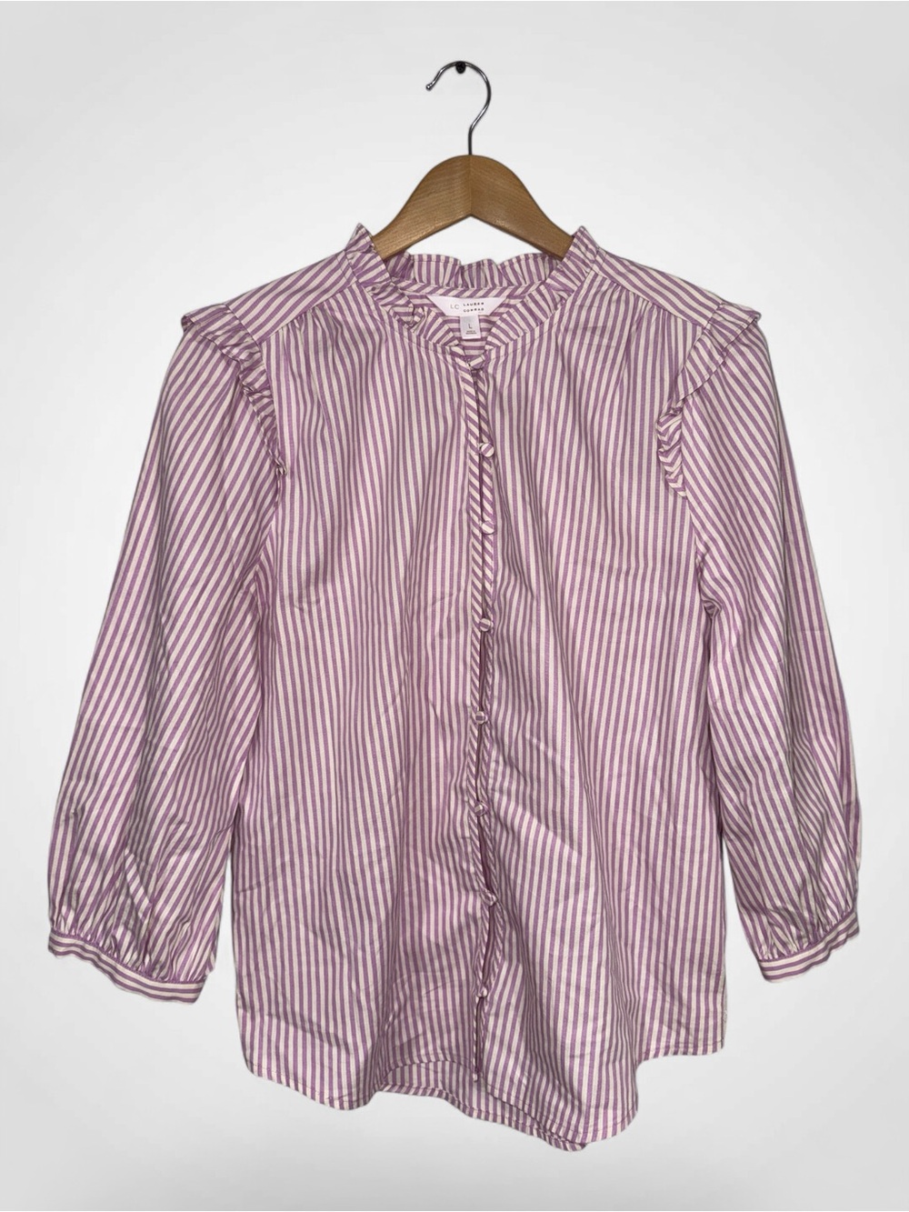 WSH45 {LC Lauren Conrad} Purple Off White Stripes Ruffle Button Down Blouse Top